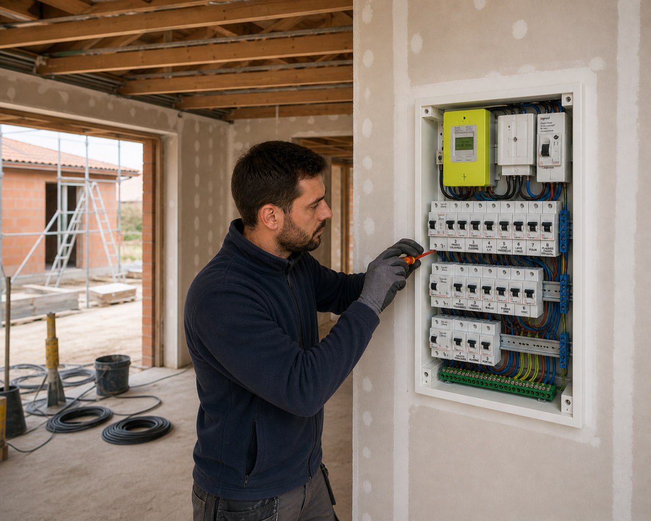 Électricien intervenant sur un tableau électrique dans une maison en chantier